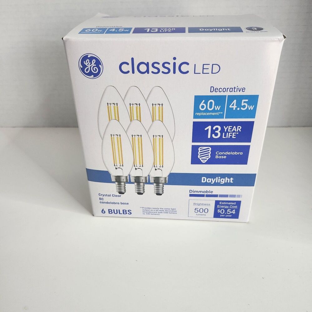 GE 60W LED Daylight Candelabra Dimmable Decorative Light Bulbs 6-Pack